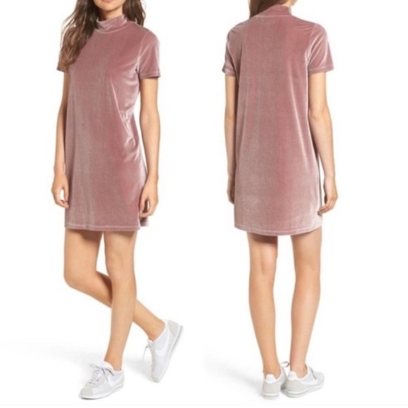 Madewell Velvet Dress Dusty Rose Pink Velvet Mock Neck sheath short sleeve - Picture 1 of 8